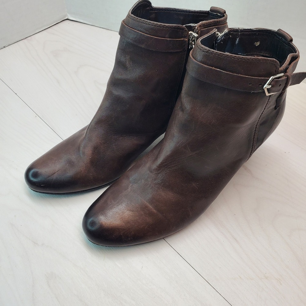 Sam Edelman Women Dark Brown Leather Ankle Boots Buckle Heel Zip Size 8M